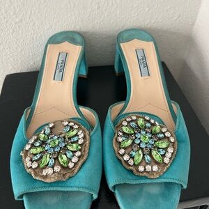 Prada Teal Embellished Heels missing stones size 38.5